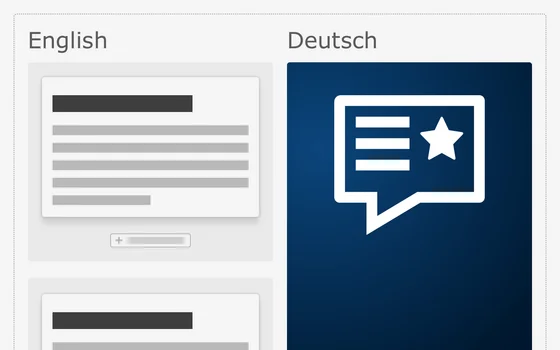 Das Bild stellt zwei Inhaltsspalten in TYPO3 in stilisierter Form dar. In der linken Spalte stehen die englischen Inhalte. Die rechte Spalte ist Blau hervorgehoben und zeigt das Icon, das in TYPO3 für Übersetzungs-Buttons verwendet wird, in großer Darstellung.