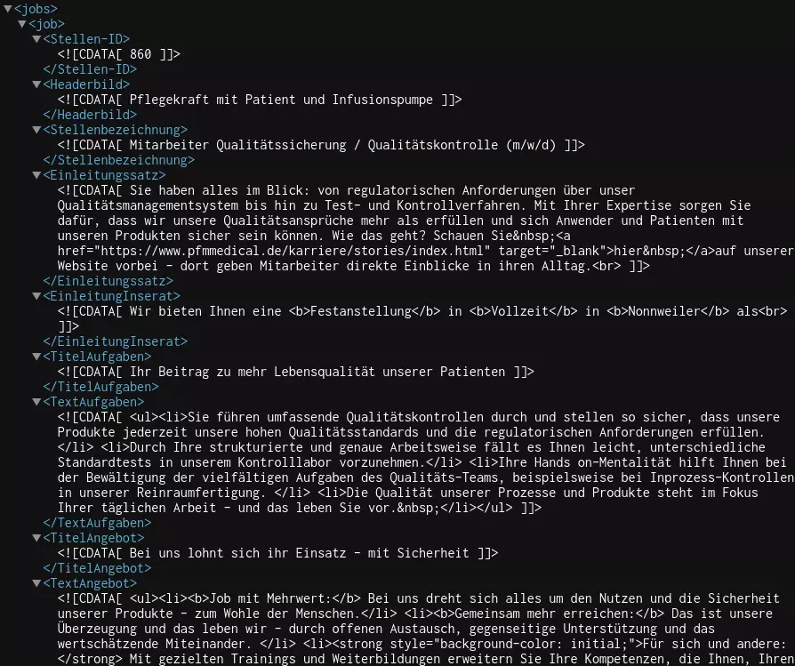 Ausschnitt aus dem XML-Feed, den Umantis für TYPO3 bereitstellt