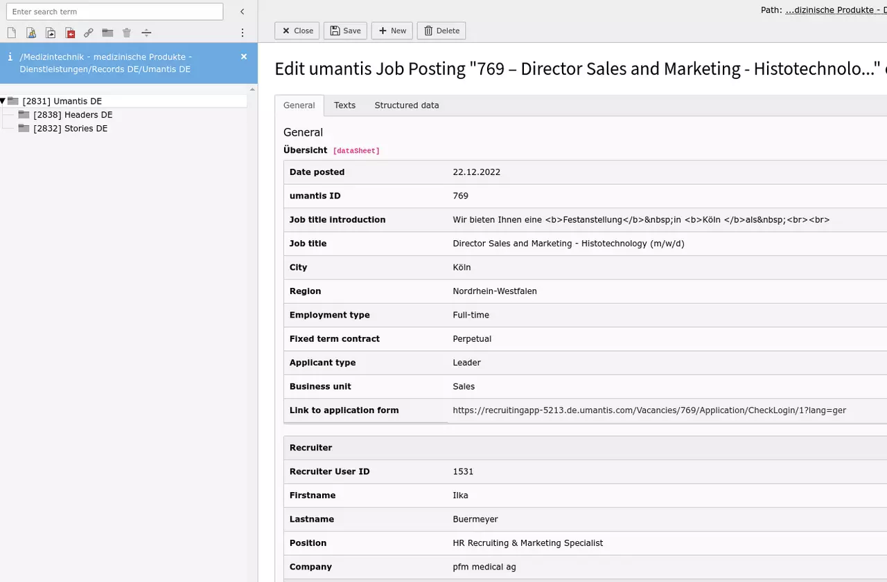 Darstellung eines Job-Datensatzes im TYPO3-Backend der pfmmedical Corporate Site