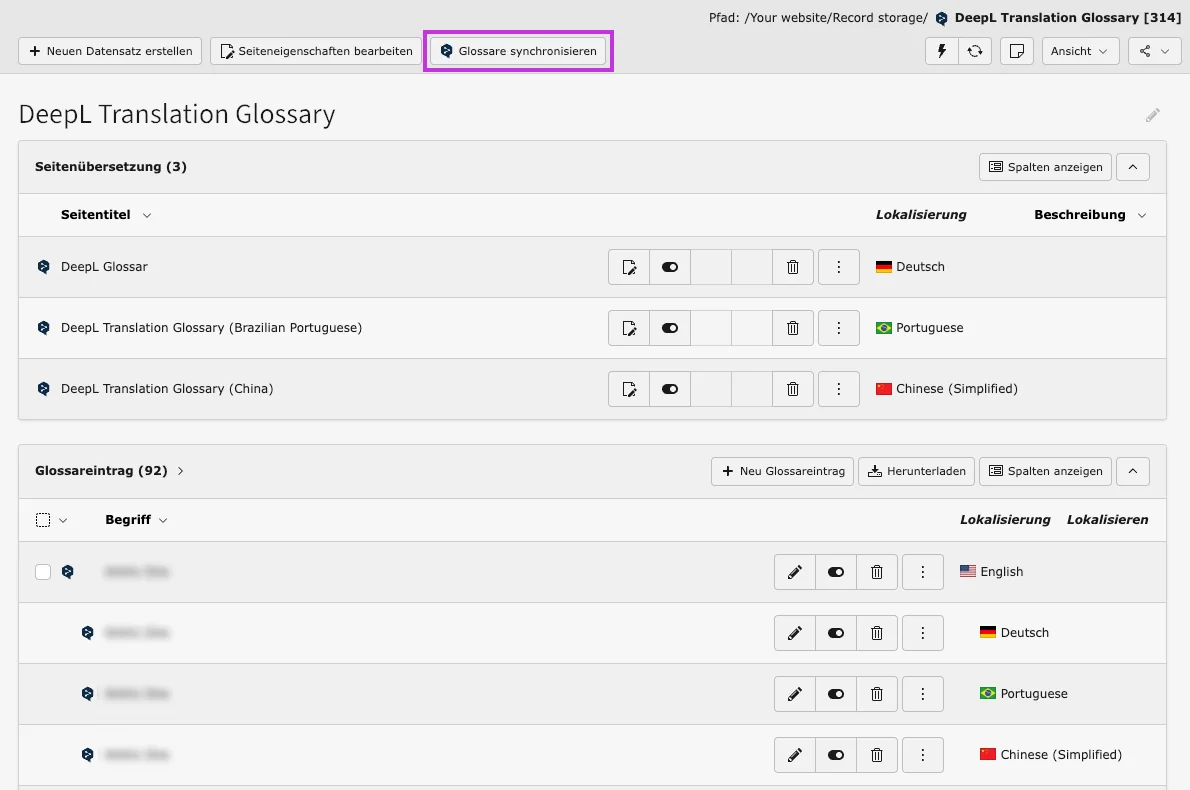 DeepL-Glossar in TYPO3 mit Einträgen in Deutsch, Portugiesisch und Chinesisch. Die Seite zeigt Übersetzungen für Begriffe in mehreren Sprachen an, inklusive Bearbeitungs- und Synchronisationsoptionen.