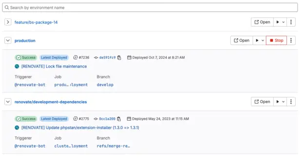 Screenshot Environment Screenshot einer gitlab Benutzeroberfläche zeigt Informationen über zwei aktive Abnahme-Umgebungen am Beispiel der Marketing Factory Webseite