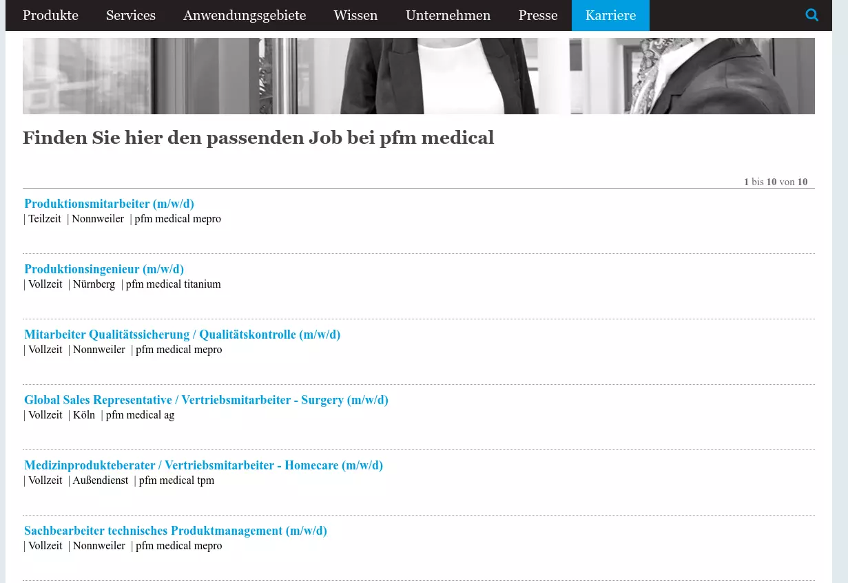 Bisherige Darstellung der offenen Stellenangebote auf der pfmmedical Corporate Site
