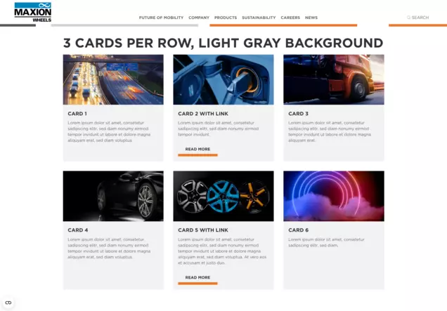 Screenshot der Ausgabe einer Card Group im Frontend der Maxion Wheels Website