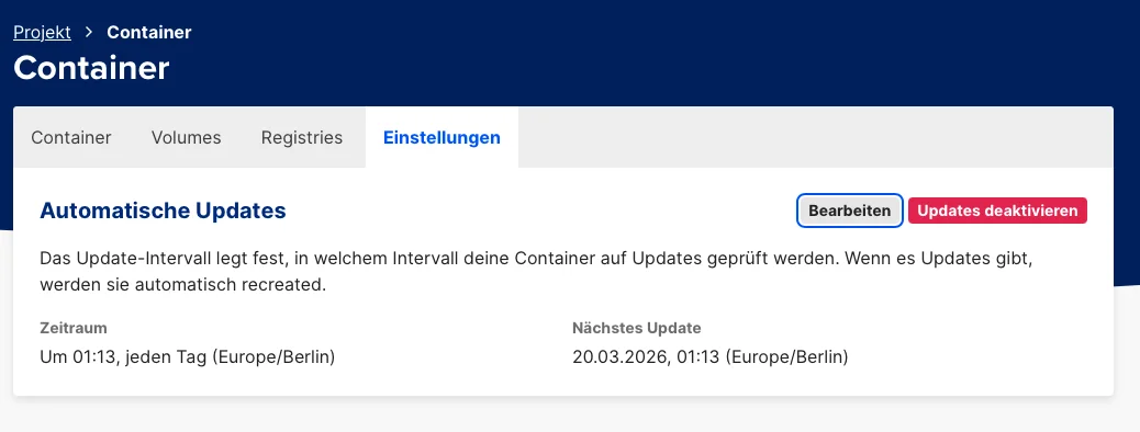 Die Einstellungsseite für automatische Container-Updates.