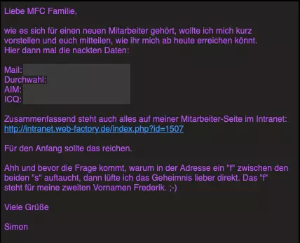 Simon's Einstandsmail ans Team (zensiert)