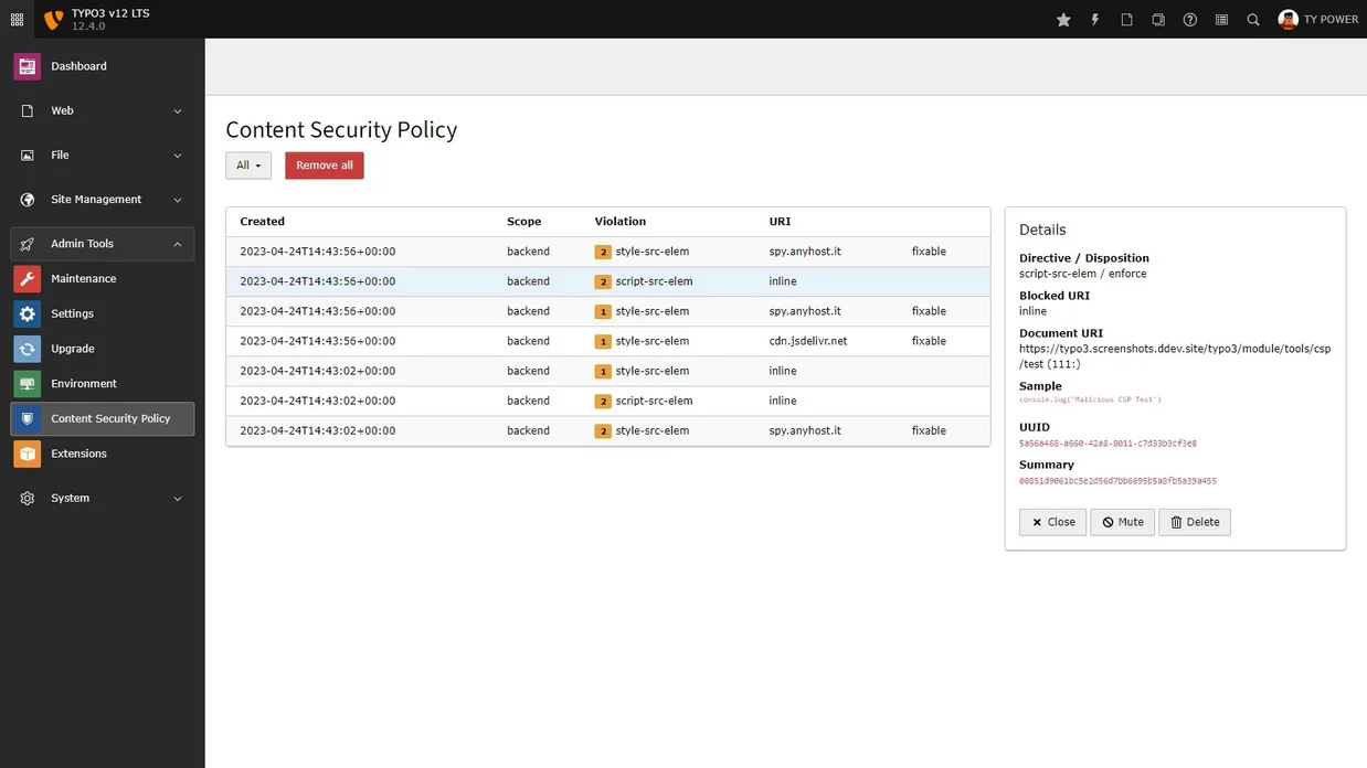 TYPO3 Backend-Modul "Content Security Policy"