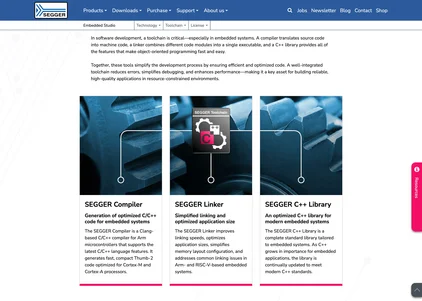 Das Bild zeigt drei Segger-Tools für die Softwareentwicklung in eingebetteten Systemen: den Segger-Compiler für optimierten C/C++-Code, den Segger-Linker für vereinfachtes Linking und optimierte Anwendung, sowie die Segger C++-Bibliothek für moderne eingebettete Systeme.