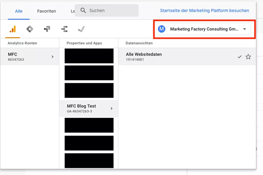 Screenshot Google Analytics Account MFC