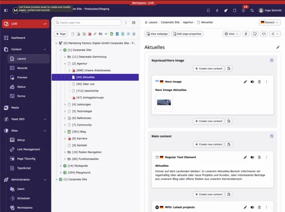 Ein Bildschirmausschnitt des TYPO3 v14 zeigt den Bereich Aktuelles der Corporate Site. Geöffnet ist die Seite „Aktuelles“ mit Platzhaltern für ein Hero-Bild und Hauptinhalt sowie einem Beispieltext.