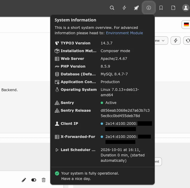 Ein Systeminformations-Dialogfenster listet Details wie TYPO3-Version 14.3.7, Composer-Modus, Apache-Server, PHP 8.5.9, MySQL-Datenbank und Linux-Betriebssystem auf. Am Ende wird bestätigt: „Ihr System ist voll funktionsfähig.“