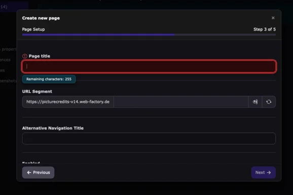 TYPO3 v14 Backend: Bildschirmaufforderung zum Erstellen einer neuen Seite mit Eingabefeldern für Seitentitel und URL-Segment, darunter Platz für einen alternativen Navigationsnamen. Aktuell bearbeitetes Feld ist der Seitentitel mit noch 255 verbleibenden Zeichen.