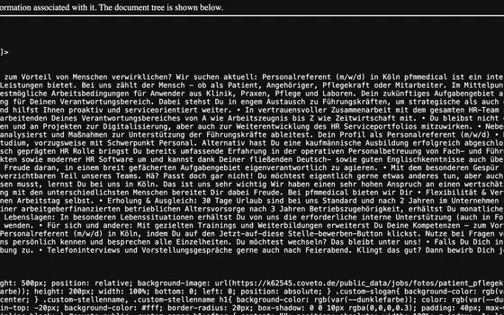 XML-Code einer Stellenanzeige für einen Personalreferenten bei pfmmedical in Köln. Der Text beschreibt die Aufgaben im Recruiting und Employer Branding sowie die Anforderungen an den Bewerber.