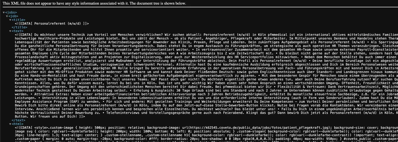 XML-Code Stellenanzeige XML-Code einer Stellenanzeige für einen Personalreferenten bei pfmmedical in Köln. Der Text beschreibt die Aufgaben im Recruiting und Employer Branding sowie die Anforderungen an den Bewerber.