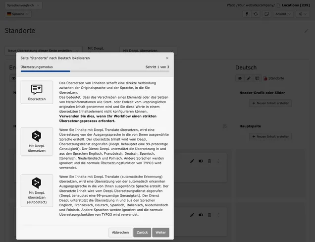 Page-Modul im TYPO3 Backend: Das Modal für den Übersetzungsprozess ist geöffnet, der Rest des Backends mit einem dunklen Overlay ausgeblendet.