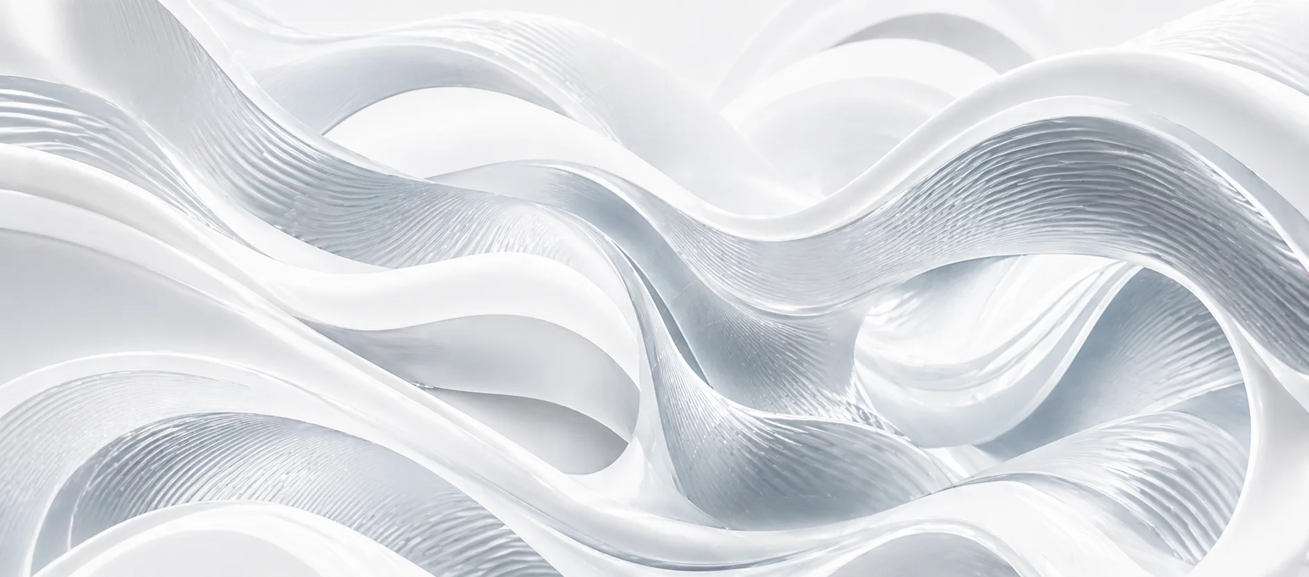 Abstrakte, wellenförmige Linienstruktur aus hellem Material, die fließende, organische Formen bildet und Leichtigkeit sowie Bewegung durch sanfte, geschwungene Muster vermittelt.