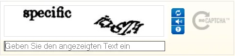 Bild zeigt ein CAPTCHA mit verzerrtem Text. Der Text lautet 'specific' und 'itySTA'. Es gibt ein Eingabefeld mit der Aufforderung 'Geben Sie den angezeigten Text ein'.