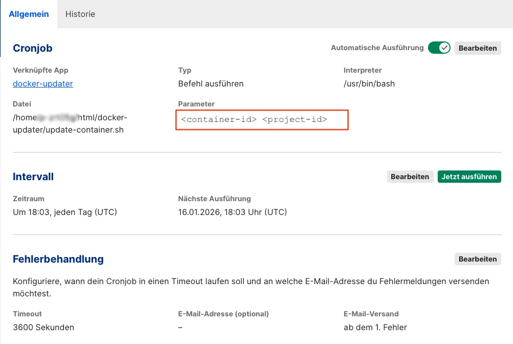 Diese Abbildung zeigt einen Cronjob-Eintrag zur automatischen Ausführung eines Skripts namens „update-container.sh“ mit den Parametern Platzhalter für container-id und project-id 
