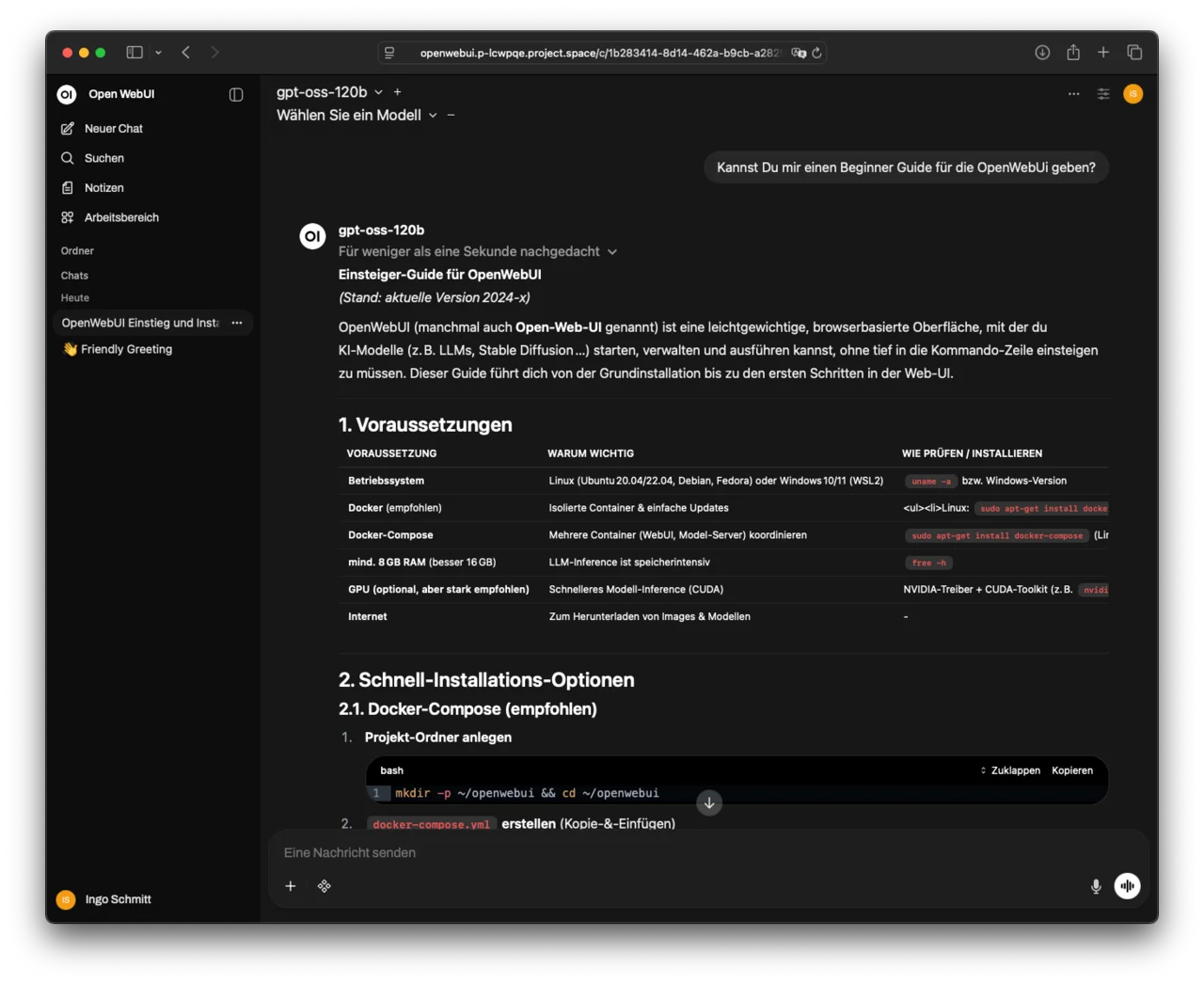 Ein Bildschirmfoto eines OpenWebUI-Chatfensters mit einem Anfänger-Guide für die OpenWebUI. Der Guide erklärt die Voraussetzungen wie Betriebssystem, Docker und RAM sowie die Schnell-Installations-Optionen mit Docker-Compose. Es wird Schritt-für-Schritt-Anleitung zur Erstellung eines Projektordners und einer docker-compose.yml-Datei gegeben.