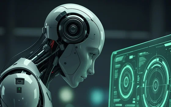 Ein humanoider Roboter sitzt an einem Schreibtisch und arbeitet an einem Computer. Der Bildschirm zeigt verschiedene technische Diagramme und Daten. Der Roboter scheint konzentriert zu sein und verwendet eine Tastatur. Die Umgebung ist dunkel und futuristisch.