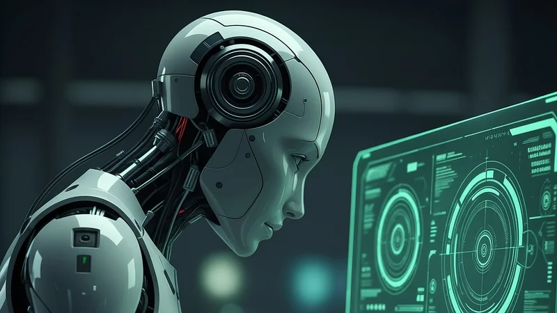 Ein humanoider Roboter sitzt an einem Schreibtisch und arbeitet an einem Computer. Der Bildschirm zeigt verschiedene technische Diagramme und Daten. Der Roboter scheint konzentriert zu sein und verwendet eine Tastatur. Die Umgebung ist dunkel und futuristisch.