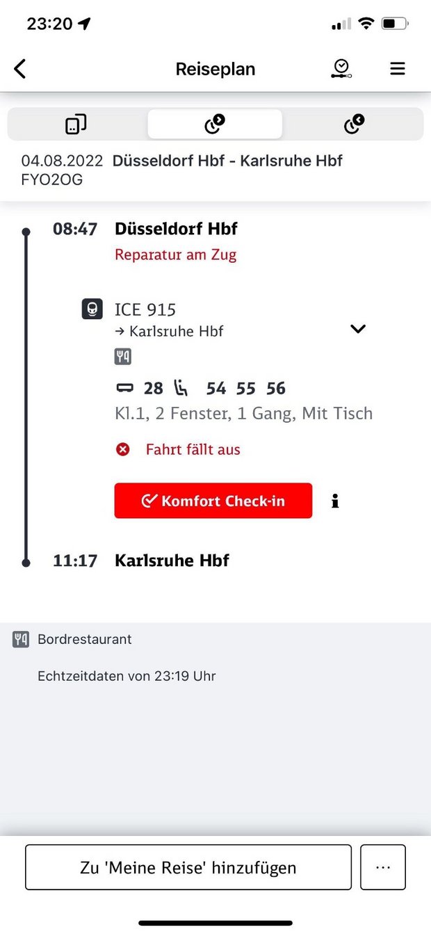 Screenshot aus Bahn-App: Reparatur am Zug, Fahrt fällt aus.