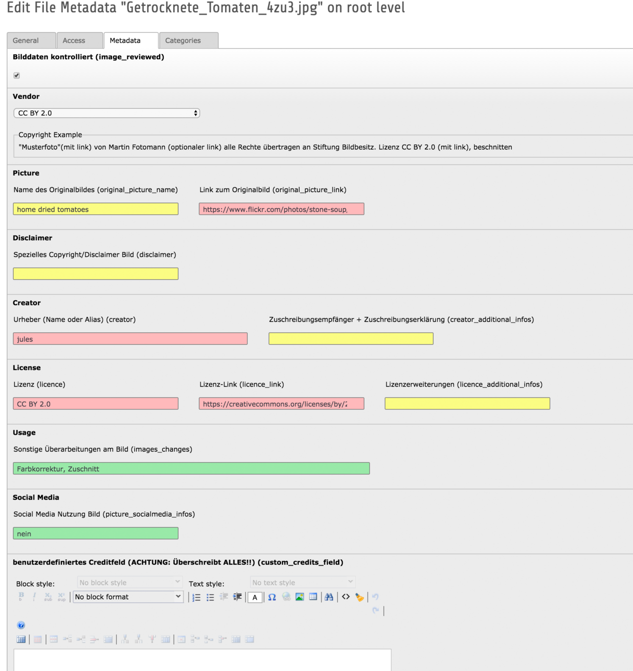 Bildnachweis im CMS verwalten: Screenshot mfc_picturecredits