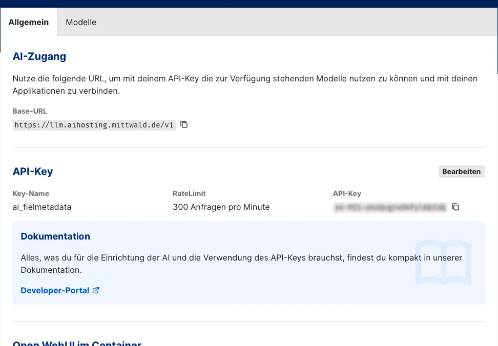 Das Bild zeigt eine Benutzeroberfläche für den Zugriff auf KI-Modelle über eine API. Es enthält eine Base-URL für die API, einen API-Key mit dem Namen "ai_fielmetadata" und einem RateLimit von 300 Anfragen pro Minute. Zudem wird auf eine Dokumentation im Developer-Portal verwiesen.