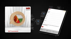 Grafik der HA Group: Links ein Kärtchen mit 'Self Assessment' und einem Kreisdiagramm in einer Sprechblase. Rechts ein Tablet, das ein Formular mit Pflichtfeldern für Name und Unternehmen anzeigt. Im Hintergrund sind schematische Prozessschritte erkennbar.