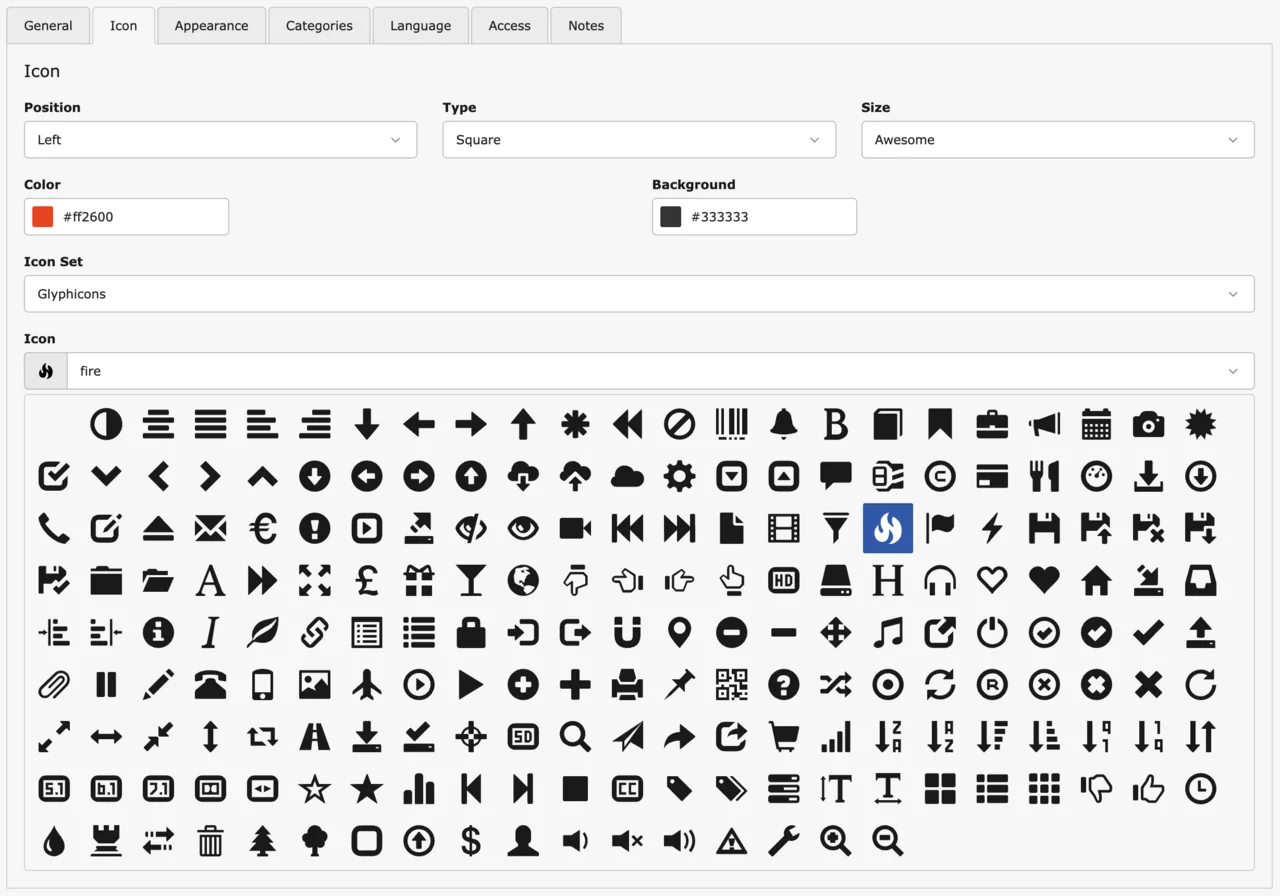 Ein Konfigurationsfenster zur Auswahl eines Icons. Oben sind Einstellungen für Position, Typ, Größe und Farbe zu sehen. Darunter befindet sich eine Symbolbibliothek namens Glyphicons. In der Rasteransicht ist das Flammensymbol blau hervorgehoben.