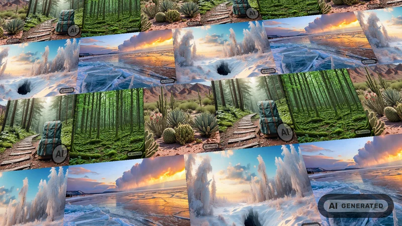 AI Generated - Fototapete KI-Fotos Eine Collage aus verschiedenen Naturmotiven, darunter ein grüner Waldweg, eine Wüstenlandschaft mit Kakteen und ein eisiger See bei Sonnenuntergang. Einige Bilder tragen ein KI-Wasserzeichen.