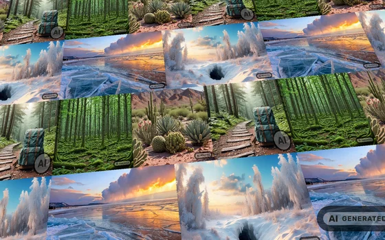 Eine Collage aus verschiedenen Naturmotiven, darunter ein grüner Waldweg, eine Wüstenlandschaft mit Kakteen und ein eisiger See bei Sonnenuntergang. Einige Bilder tragen ein KI-Wasserzeichen.