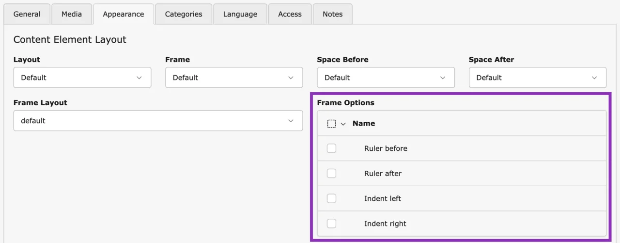 Dies zeigt das Einstellungsfenster für "Content Element Layout". Der Bereich "Frame Options" ist lila umrandet und enthält Checkboxen für "Ruler before", "Ruler after", "Indent left" und "Indent right". Links sind Dropdown-Menüs für Layout und Frame zu sehen.